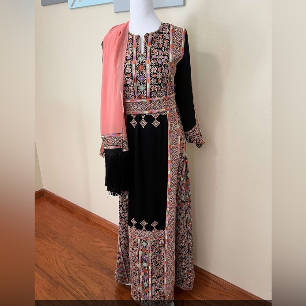 Embroidered Black and Pink Palestinian Throbe